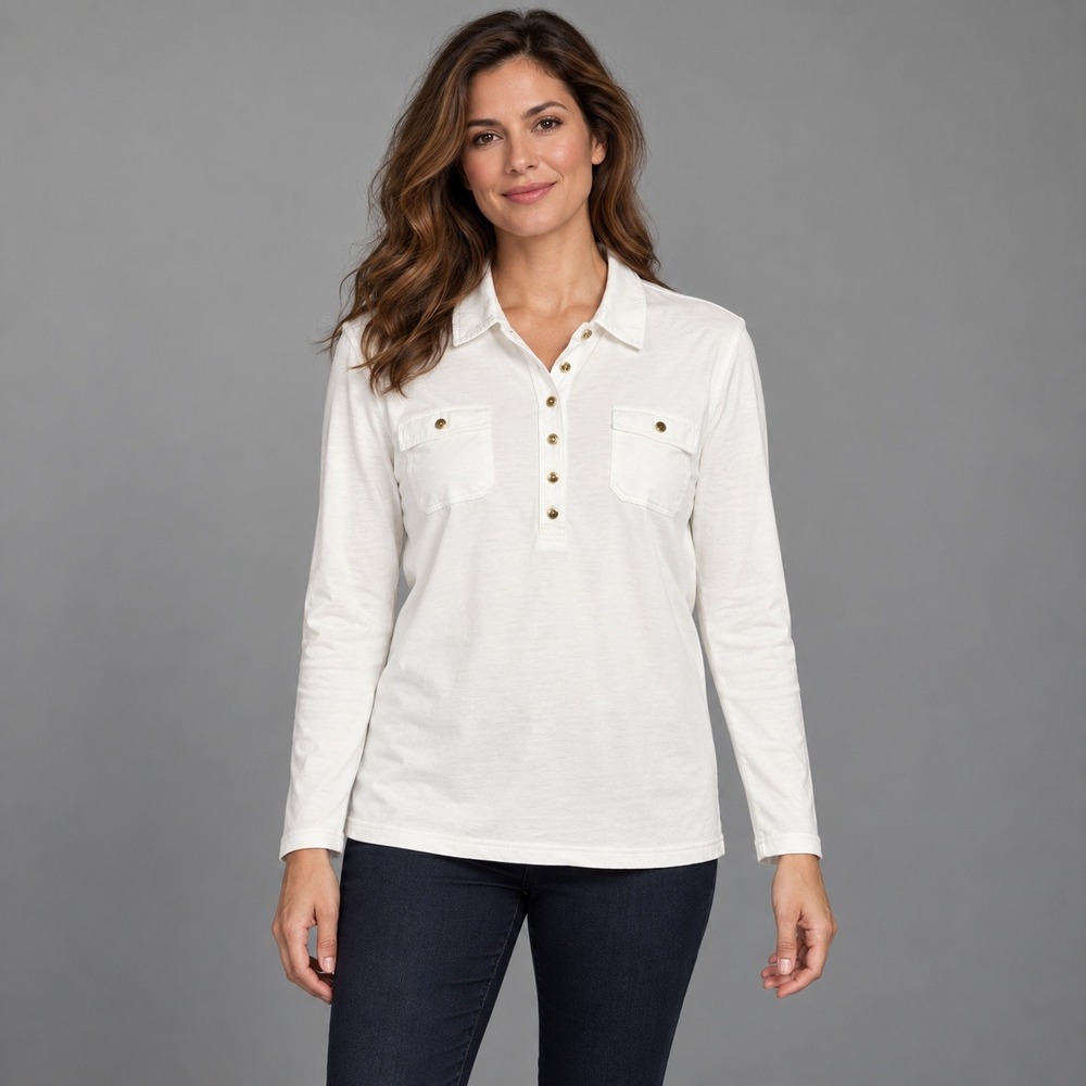Lauren Ralph Lauren White Cotton 3/4 Sleeve Button Top Gold Hardware Large